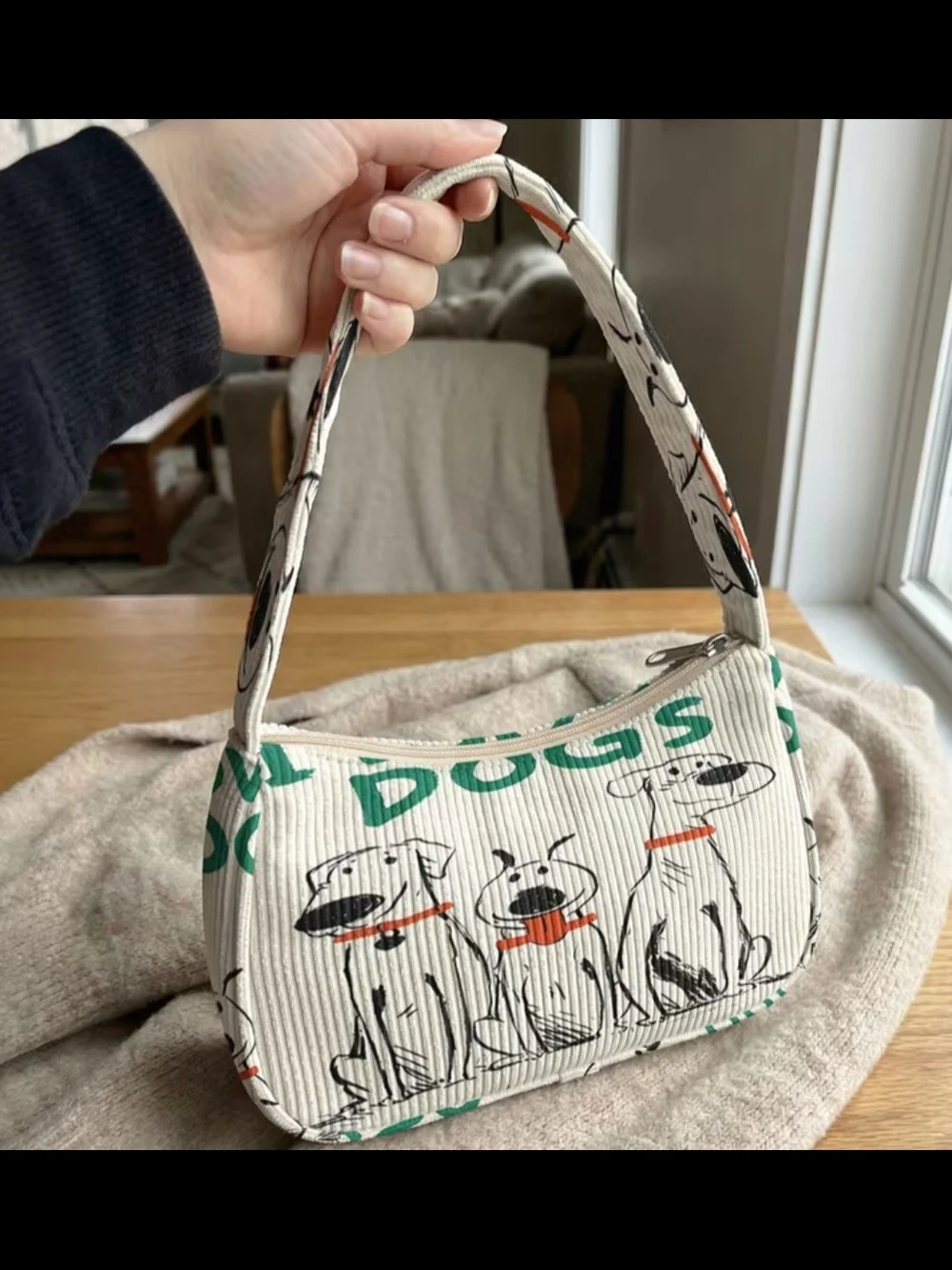 Adorable Cordoury Dog Print Shoulder Bag in Cream